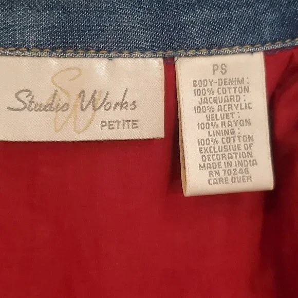 Vintage 90s Denim Velvet Tapestry‎ Jacket Patchwork Blue Paisley Sz Small Petite - Picture 7 of 8